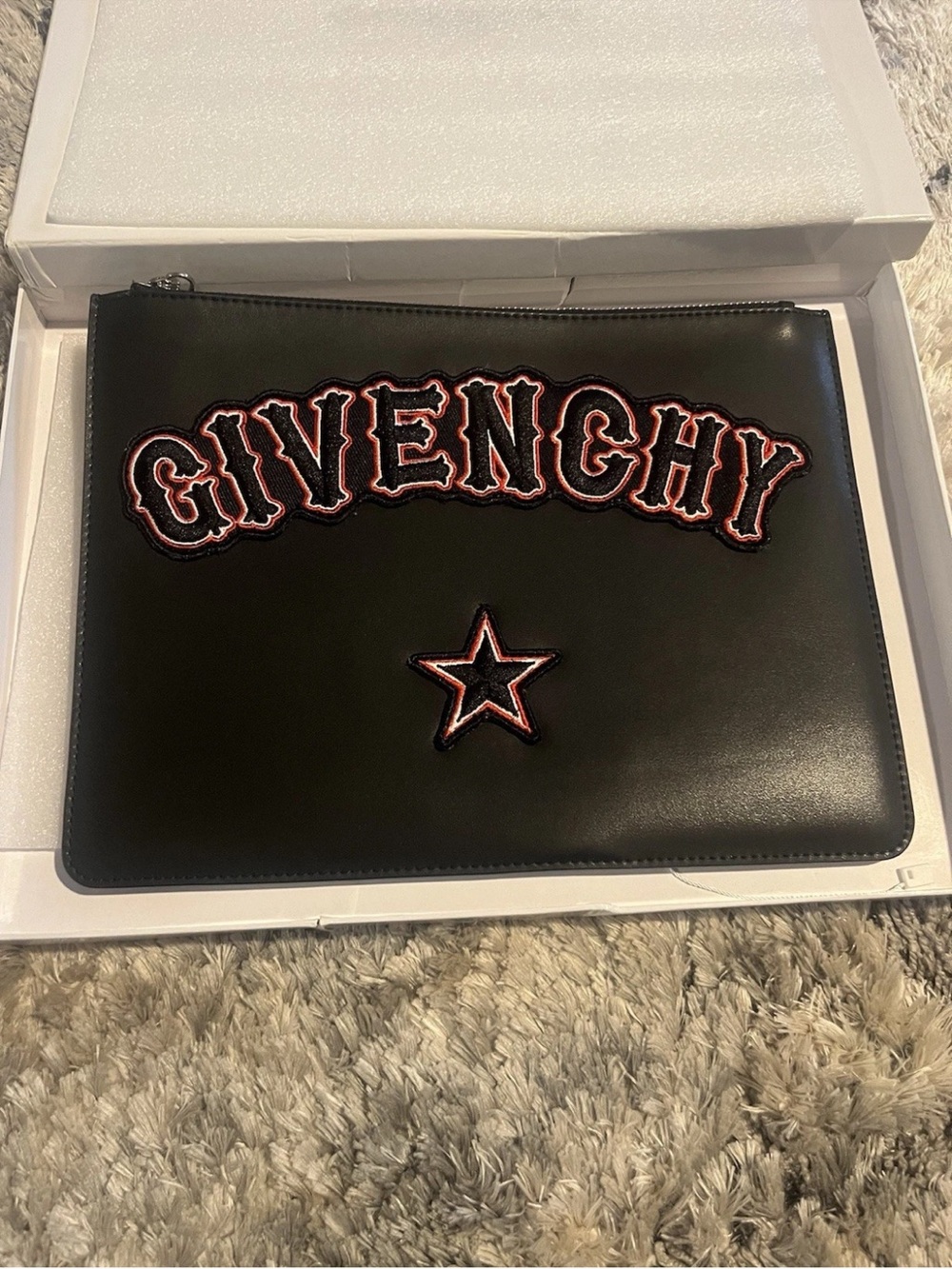 Givenchy Black Leather Zip Pouch with Pink-Outlined Logo and Star